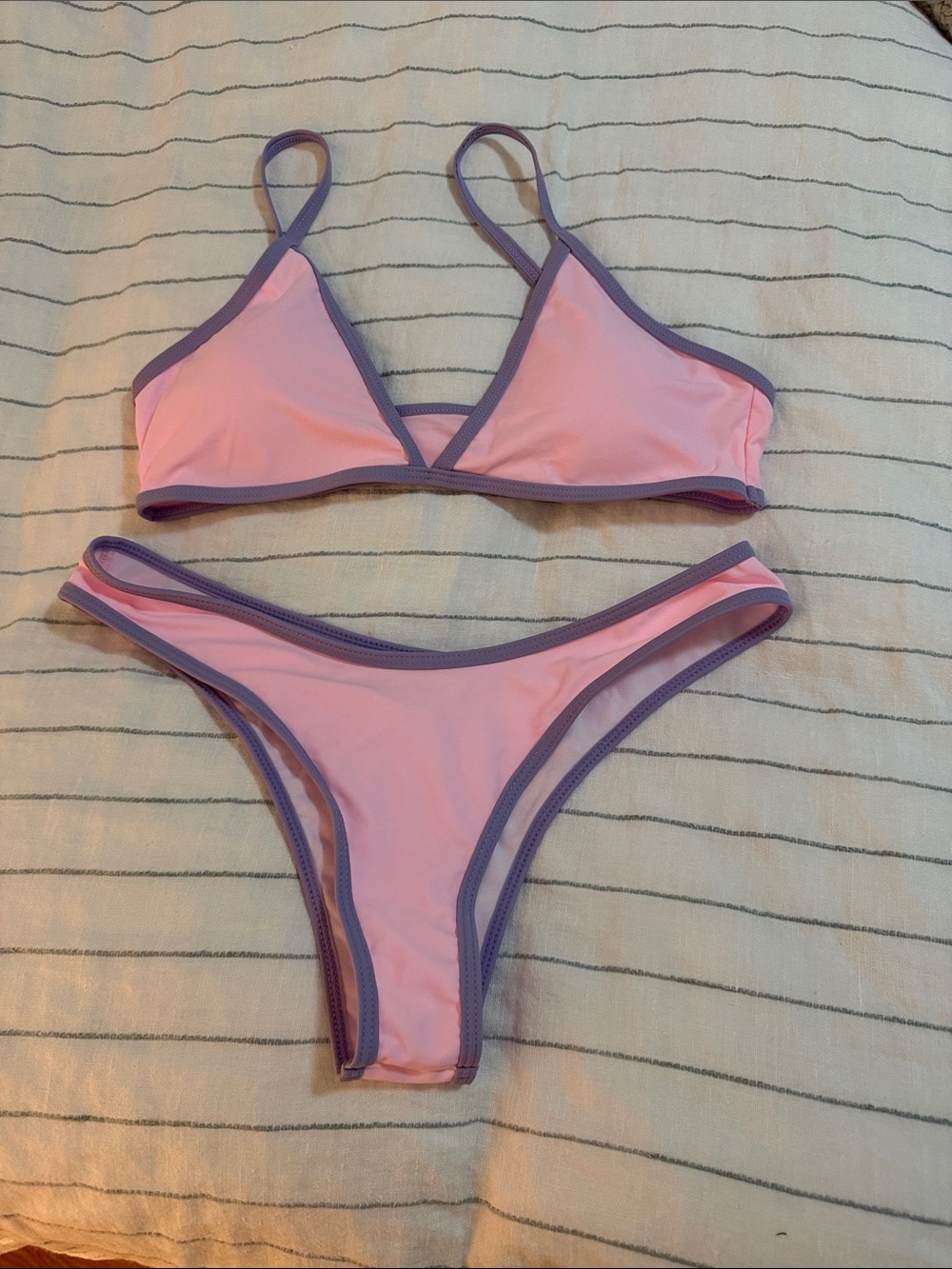 SHEIN Pink Bikini Set with Purple Trim